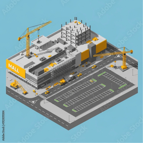 Isometric illustration of a shopping mall under construction with cranes and vehicles.