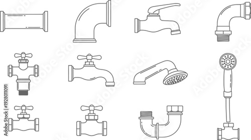 Collection of various plumbing fixtures and faucets illustrated in a clean white background from different viewpoints