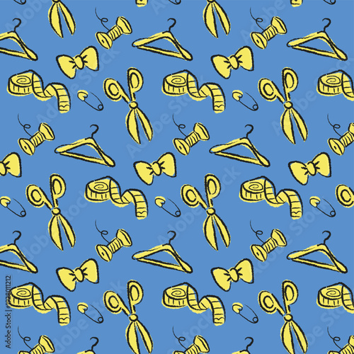 Sewing Tools Pattern Background With Scissors Tape Measure Hangers Spools Pins and Bow Ties
