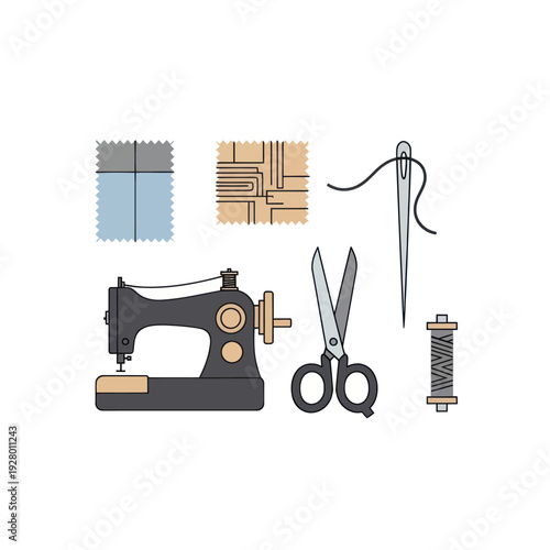 Sewing machine, scissors, needle, thread and fabric swatches set