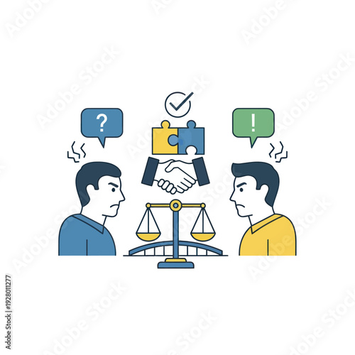 Two men ponder problem solving, agreement, and balanced decisions.