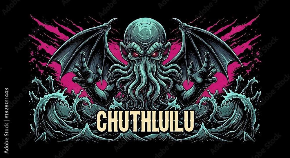 Fototapeta premium Terrifying monstrous sea creature with tentacles and wings emerging from crashing ocean waves against a vibrant background