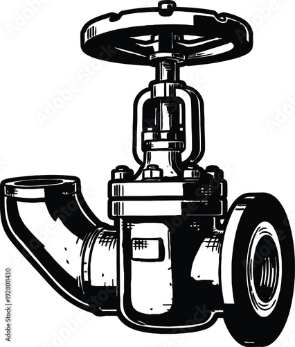 Industrial valve illustration showing a detailed mechanical device with pipes and a wheel handle