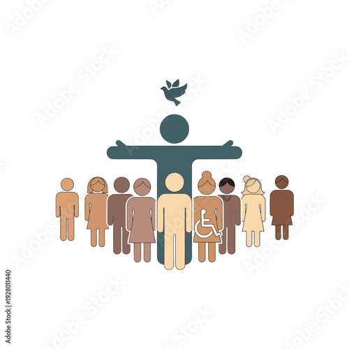 Diverse group of people united under a peace symbol