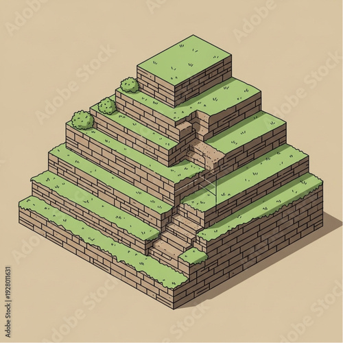 Isometric illustration of a stepped pyramid structure with grassy terraces.