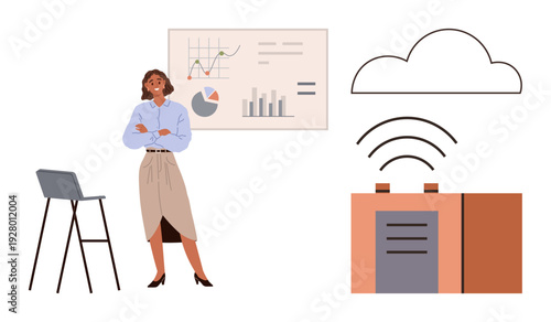 Smart manufacturing, business analytics, IoT, technology, workplace innovation, cloud computing. Woman standing near analytics chart. Smart manufacturing and business analytics concept