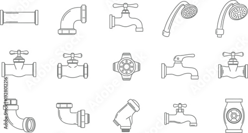 Collection of various faucet and plumbing illustrations displayed together on a plain background from a straightforward viewpoint.