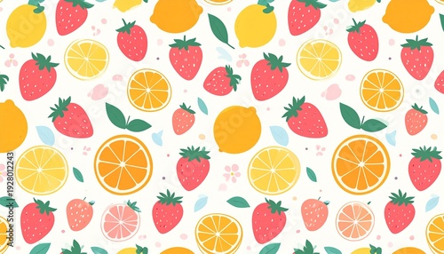 Seamless pattern of vibrant strawberries, lemons, and oranges with mint leaves on a white background, perfect for textiles and digital design