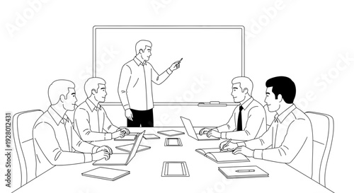 Businessman Presenting on Whiteboard to Team in Meeting Room with Laptops with presentation and office and conference in discussion strategy for planning