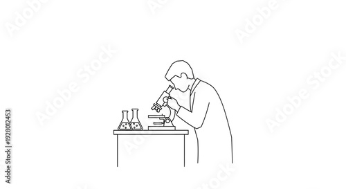 Scientist Examining Sample under Microscope in Laboratory Setting with lab coat and test tube and beaker in science research for experiment