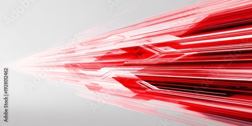 Abstract red lines speed towards a bright, white horizon.