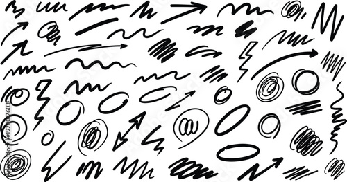 Assorted hand drawn symbols and shapes scattered across a visual representation in a chaotic and dynamic illustration style