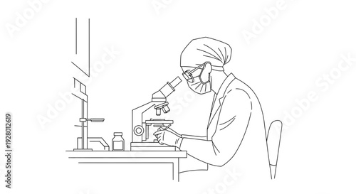 Scientist Examining Sample under Microscope in Laboratory Setting with lab coat and goggles and research in science biology for chemistry