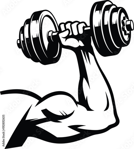 A muscular arm lifting dumbbells in a powerful exercise routine illustration from a side viewpoint