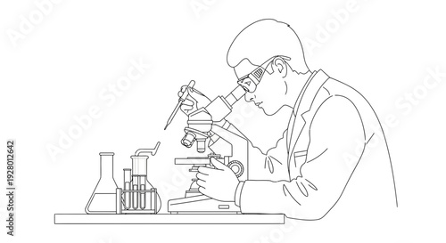 Scientist Examining Sample with Microscope in Laboratory Setting with lab coat and glasses and test tubes in beaker science for research