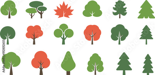 Flat tree icon set, colorful forest collection with autumn and evergreen trees isolated on white background vector illustration