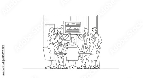 Business People Meeting in Conference Room with Whiteboard Illustration with team and line art and office in discussion presentation for teamwork