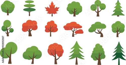 Flat tree icon set, colorful forest collection with autumn and evergreen trees isolated on white background vector illustration