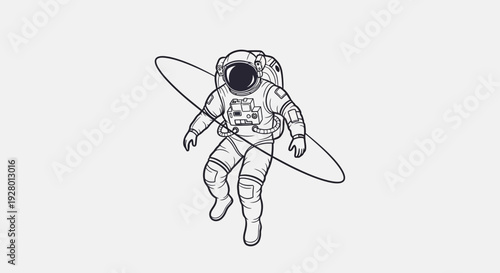 Astronaut Floating in Space with Satellite Orbit with black and white and line art and illustration in helmet zero gravity for cosmos