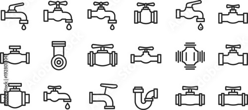 Collection of various tap and valve icons in black line art on a clean background