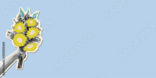 Spring floral horizontal banner template with halftone hand holding bouquet. Modern retro mixed media collage with vintage dot texture and doodle accents for posters, ads and seasonal design.