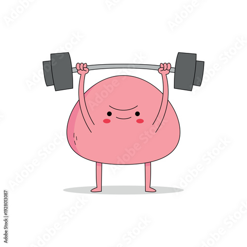 Cute pink mochi cartoon character lifting weight barbell doodle