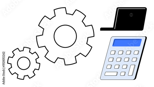 Technology, teamwork, engineering, productivity, work planning automation. Two gears a laptop and a calculator. Technology and teamwork concept. Line metaphor. Simple line icons