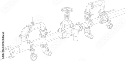 Complex pipe system with multiple valves and fittings in a technical illustration