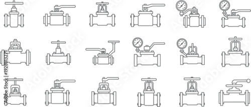 Various Industrial Valves Illustrated in Different Configurations and Orientations