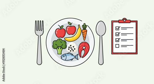 Healthy Eating Plate with Fruits Vegetables Protein and Checklist.