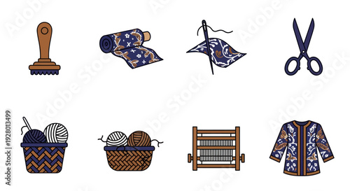 A colorful illustrated icon set of tools for sewing weaving and textile crafting.