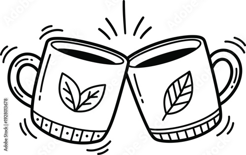 Two cups with leaf designs clinking together in a toast, symbolizing friendship and warmth in a simple illustration