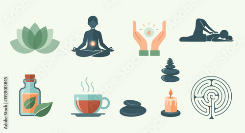 A collection of flat design icons representing wellness spa meditation and relaxation concepts.