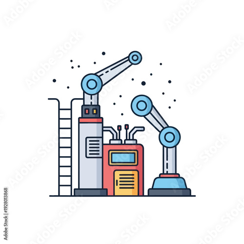 Industrial factory automation with robotic arms and production machinery