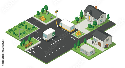 isometric delivery trucks unloading packages at residential houses with green trees and street elements illustration