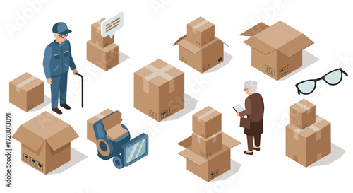 isometric elderly people with packing boxes wheelchair eyeglasses and delivery man set in modern style