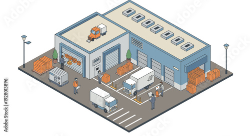 isometric warehouse logistics with trucks workers and stacked boxes illustration