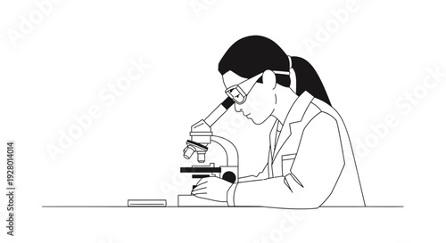 Female Scientist Examining Sample with Microscope in Laboratory Setting with woman and lab and research in biology chemistry for science