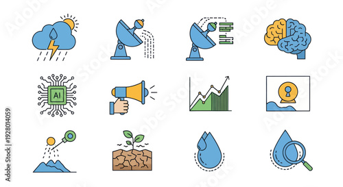 Flat Line Art Icons: Science Technology Environment Data and Communication Concepts.