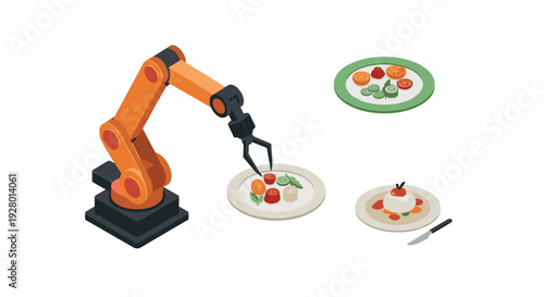 isometric robot arm preparing food on plates in futuristic kitchen technology illustration