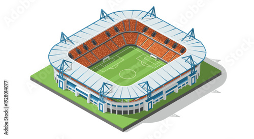 isometric soccer stadium illustration with green field and filled orange stands hand drawn sports venue design