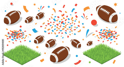 collection of hand drawn american footballs confetti and grass patches celebrate sports event