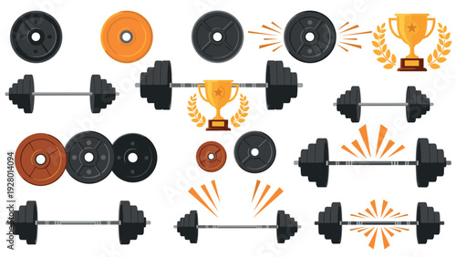 set of hand drawn weightlifting dumbbells barbells trophies and weight plates icons