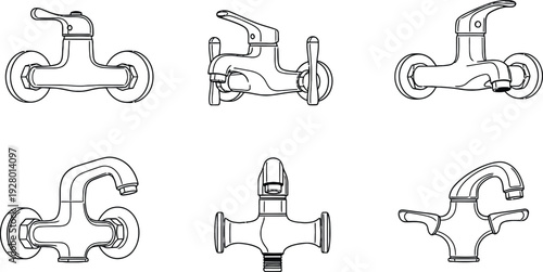 Collection of various faucet designs illustrated from different viewpoints on a plain background