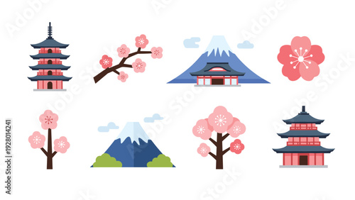 set of flat hand drawn japanese cherry blossom trees pagodas and mount fuji illustrations