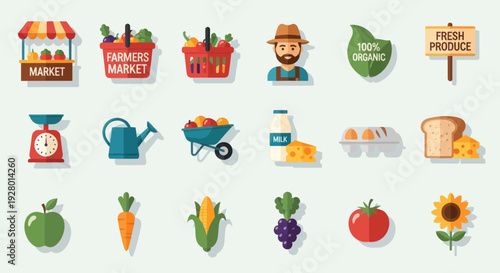 Flat Design Farmers Market and Fresh Produce Icons Collection.