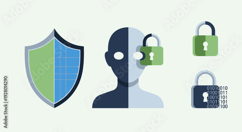 Security Concept: Shield Human Profile and Padlocks Representing Data Protection.