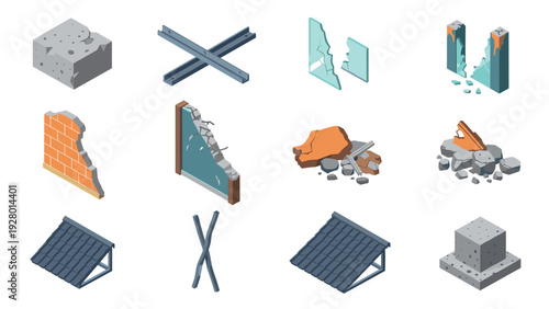 set of isometric broken building elements and construction debris in flat style