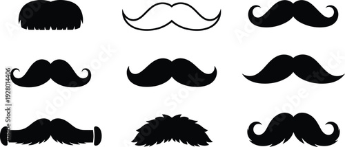 Collection of various black mustache silhouettes on a clean white background displayed from a direct viewpoint