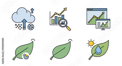Collection of Digital Icons Representing Data Analysis and Environmental Concepts.